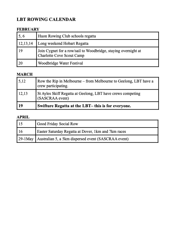 Rowing Calendar – THE LIVING BOAT TRUST